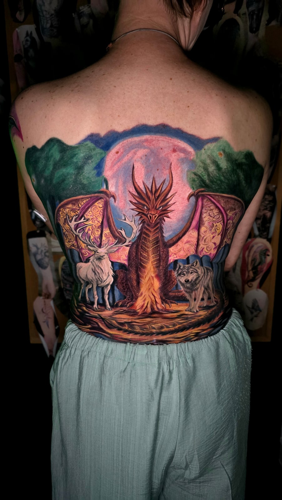 Smok, Jeleń & Wilk — Back Piece — Judin Tattoo